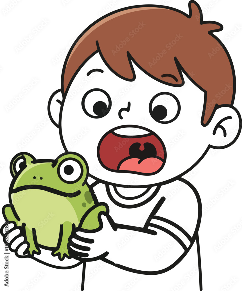 Obraz premium Surprised kid holding frog vector illustration isolated on white background children curiosity biology learning concept cartoon design.