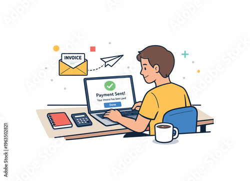 Man completing online invoice payment on laptop with confirmation message