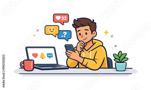 Young man engrossed in his smartphone, surrounded by social media notifications and a laptop