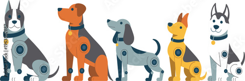 Robot dog set, futuristic mechanical pet animal vectors with cybernetic joints for artificial intelligence concept