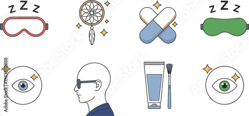 Sleep and eye care icons set featuring sleep mask dreamcatcher patches and vision care symbols in clean modern illustration style