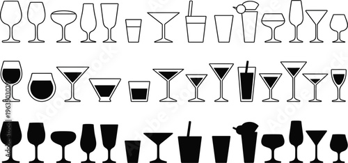 Cocktail and wine glass icon set, black and white minimalist barware vectors for drink menus