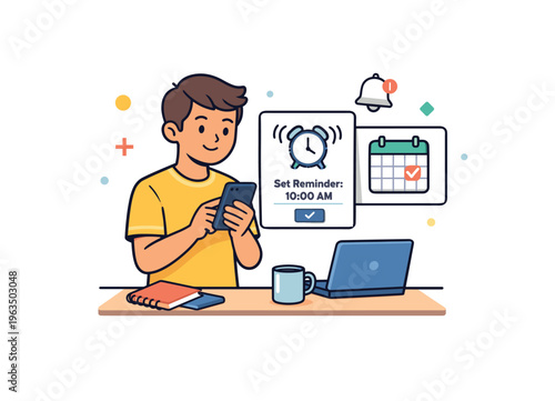 Young man using smartphone to set a reminder on his digital calendar for 10 AM