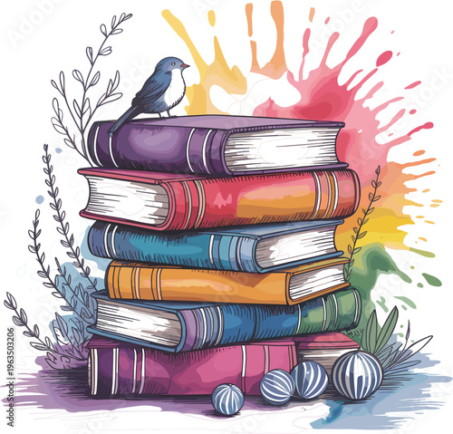 Stack of colorful books with bird and rainbow paint splash, artistic education and reading vector