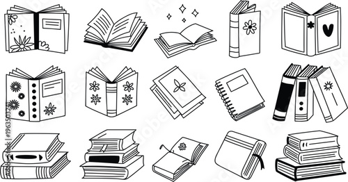 Hand drawn book icons set, cute black and white doodle library elements for bullet journal