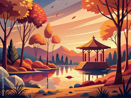 Autumn Landscape with Gazebo by a Calm Lake in Flat Vector Style