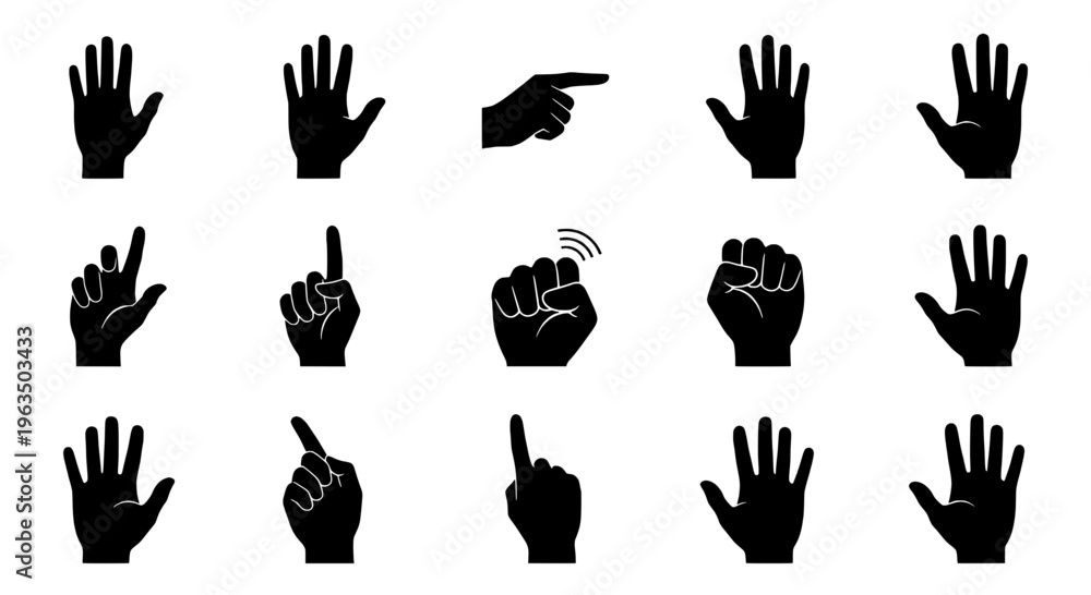 Fototapeta premium Hands black silhouette set with various gestures and signs, including pointing, waving, and finger positions.