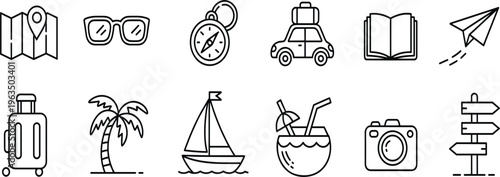 Travel and summer vacation icon set, outline vector elements for holiday planning and tourism concept