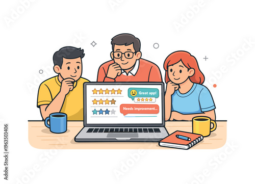 Team reviews app feedback on laptop screen with star ratings and comments