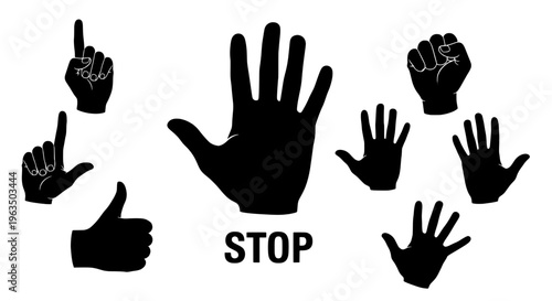 Hands gesture set with stop sign and various palm positions, black silhouette vector graphics featuring hand, gestures, palms with fingers and thumbs