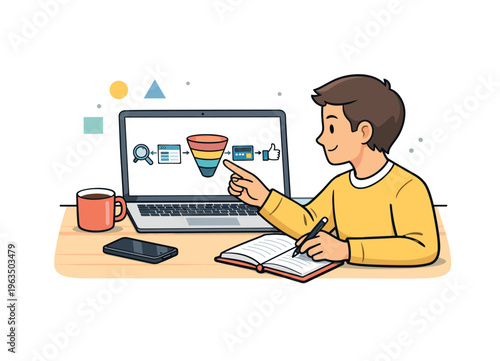 Young man analyzing sales funnel on laptop while taking notes