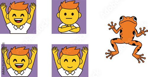 Cartoon boy emoji expressions and frog illustration set featuring happy, neutral poses and cute amphibian character in colorful vector style