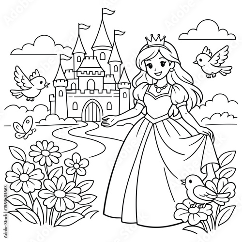 Princess and fairy tale castle coloring page with birds and flowers.
