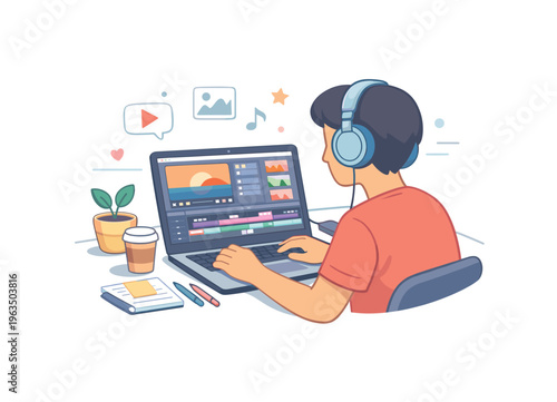 Young person editing video on laptop with headphones, focused on creative work
