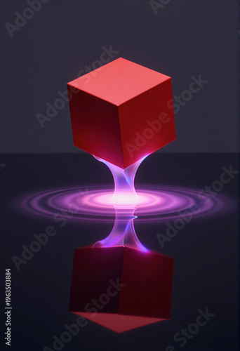Matte red cube floats above dark reflective floor, connected by translucent violet energy distortion creating concentric light ripples and symmetrical inverted reflection in studio lighting.