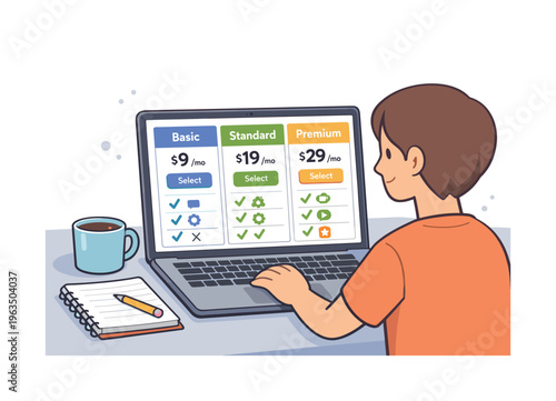 Young person choosing a subscription plan on a laptop screen with pricing tiers