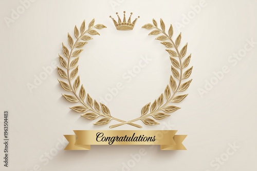 elegant winner award poster, golden laurel wreath, gold crown, empty circular for placing photo, gold ribbon banner, the word 