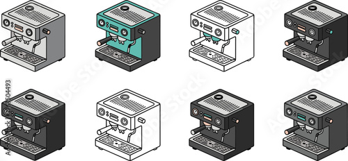 Modern espresso coffee machine vector icon set in multiple styles featuring a professional kitchen appliance for cafe and home brewing.