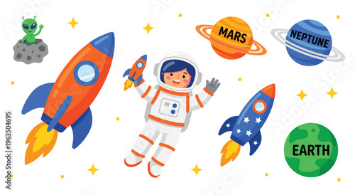 Space adventure with astronaut, rockets, planets, and alien character set.