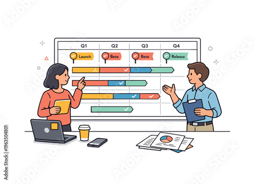 Team discussing project timeline and Gantt chart milestones for quarterly planning