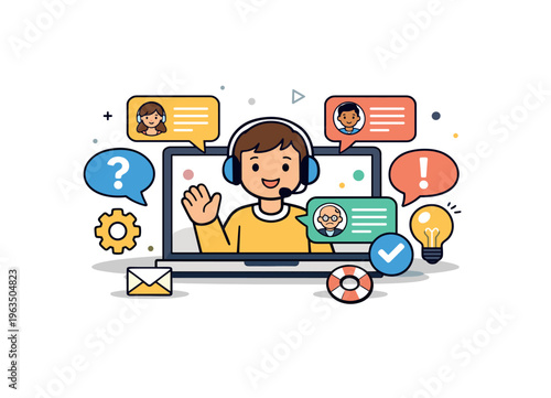 Customer support agent with headset and laptop assisting clients online