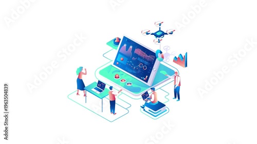 Isometric animation of drone data analytics team on digital platform