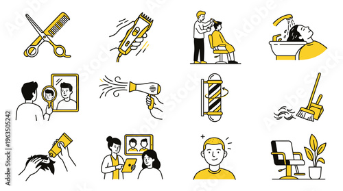 A set of line art icons illustrating various hair salon and barber services, including haircuts, washing, drying, styling, and essential tools. Ideal for beauty, wellness, and personal care concepts.