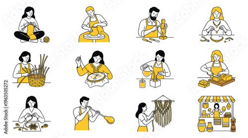 A collection of 12 unique line-art illustrations showcasing various handicraft activities. Perfect for concepts related to creativity, artisanal skills, DIY projects, and cultural traditions.