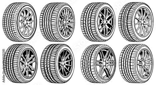 Tires wheel set with various designs and black lines on white background featuring wheels, vehicle wheels, automotive with line art and illustration