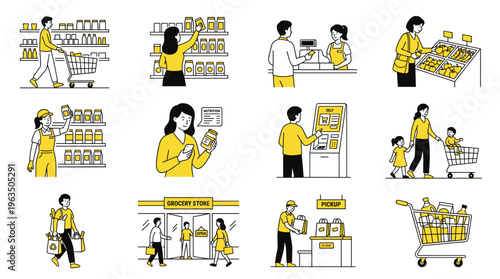 A collection of illustrations depicting various aspects of grocery shopping, including customer interactions, store environments, and product displays, suitable for marketing and retail concepts.