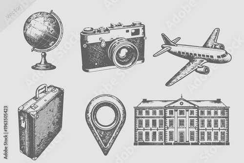 hand drawn sketch travel elements set illustration. Vintage engraving style Airplane, suitcase, location, camera, globe, hotel