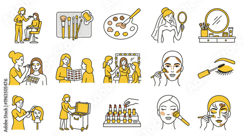 Colorful vector illustration showcasing various beauty routines, including foundation, lipstick, and facial masks. Ideal for cosmetics marketing, beauty blogs, skincare education, and lifestyle advert