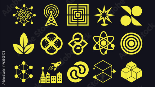 Blockchain and technology network icons, solid vector set, abstract nodes, connections, data flow, digital infrastructure, cybersecurity and fintech concept.