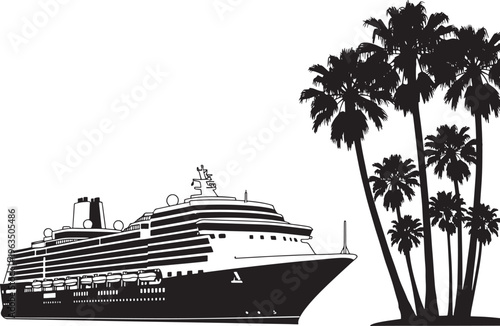 Black and white of a cruise ship and palm trees passenger ship ocean liner tropical d