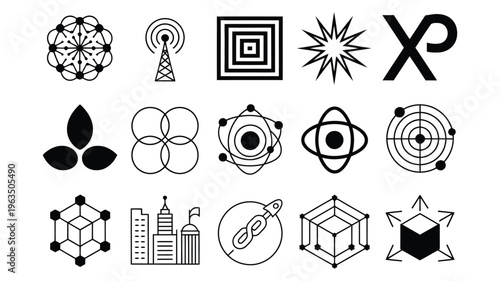 Blockchain and technology network icons, solid vector set, abstract nodes, connections, data flow, digital infrastructure, cybersecurity and fintech concept.