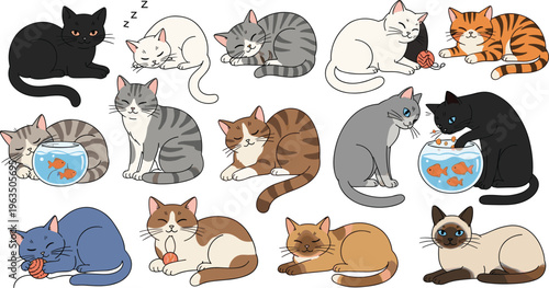 Cartoon cats illustration, cute pet artwork, playful feline poses, sleeping cat drawing, tabby cat design, Siamese cat character, fishbowl interaction scene