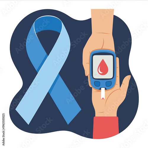 Blue ribbon and hand holding blood glucose meter with red blood drop on screen