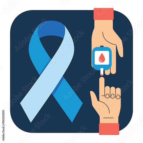 Diabetes awareness symbol with blue ribbon and blood glucose test  health and medical concept