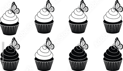 Set of black and white cupcake vector icons with butterfly toppers in various shading styles isolated on white background