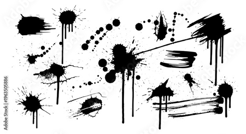 Splatter set with black ink stains and drips on white background featuring grunge, texture, abstract with artistic and creative elements for design,