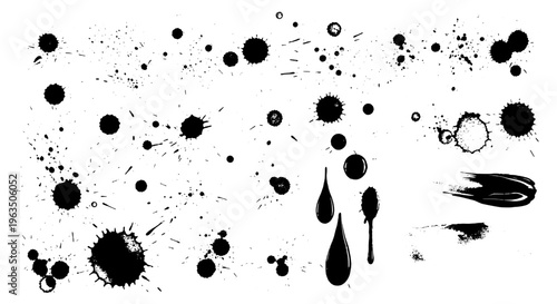 Ink splatters set with black paint drops and grunge effects on white background featuring abstract art, creative design, graphic resources with
