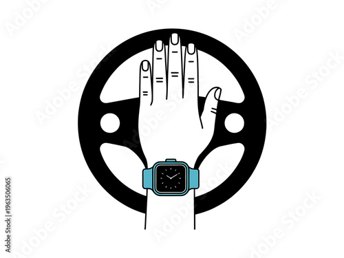Hand with smartwatch on wrist holding up palm behind steering wheel