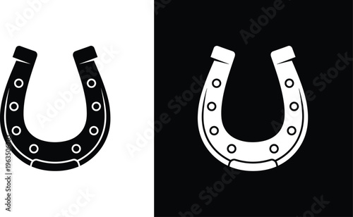 Black horseshoe icon set of lucky symbols for equestrian sports or Saint Patricks Day celebration in flat vector design style.