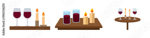  ROMANTIC DINNER - Two wine glasses and candles on a tabletop  Flat Vector Illustration on Transparent Background