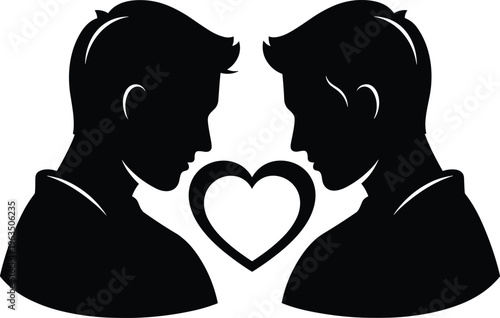 Black silhouette of a gay male couple facing each other with a heart symbol representing love equality and pride vector.