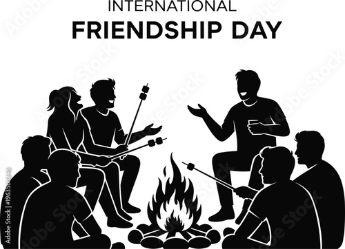 Black silhouette of a group of friends sitting around a campfire roasting marshmallows for International Friendship Day vector illustration design.