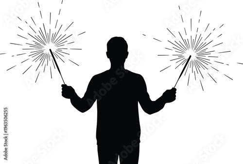 Black silhouette of a man holding burning sparklers in both hands for celebration of New Year or festive party vector.