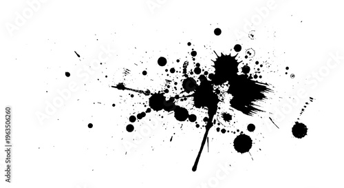 Inkblot with black paint splatters and drops on white background featuring splatter, grunge, artistic with abstract and creative elements for messy,