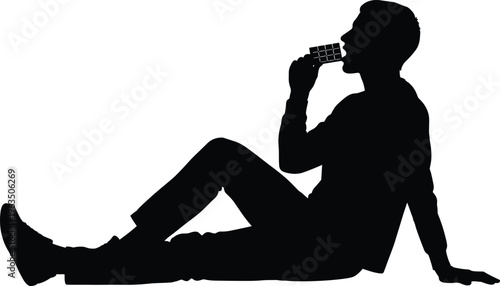 Black silhouette of a man sitting on the floor and eating a chocolate bar or snack for hungry food vector.