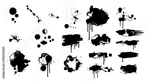 Inkblots grunge set with black splatters and drips on white background featuring stains, ink, messy with artistic and abstract elements for creative,